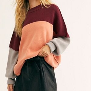 Free People Colorblock Sweater in Burgundy, Peach, and Gray